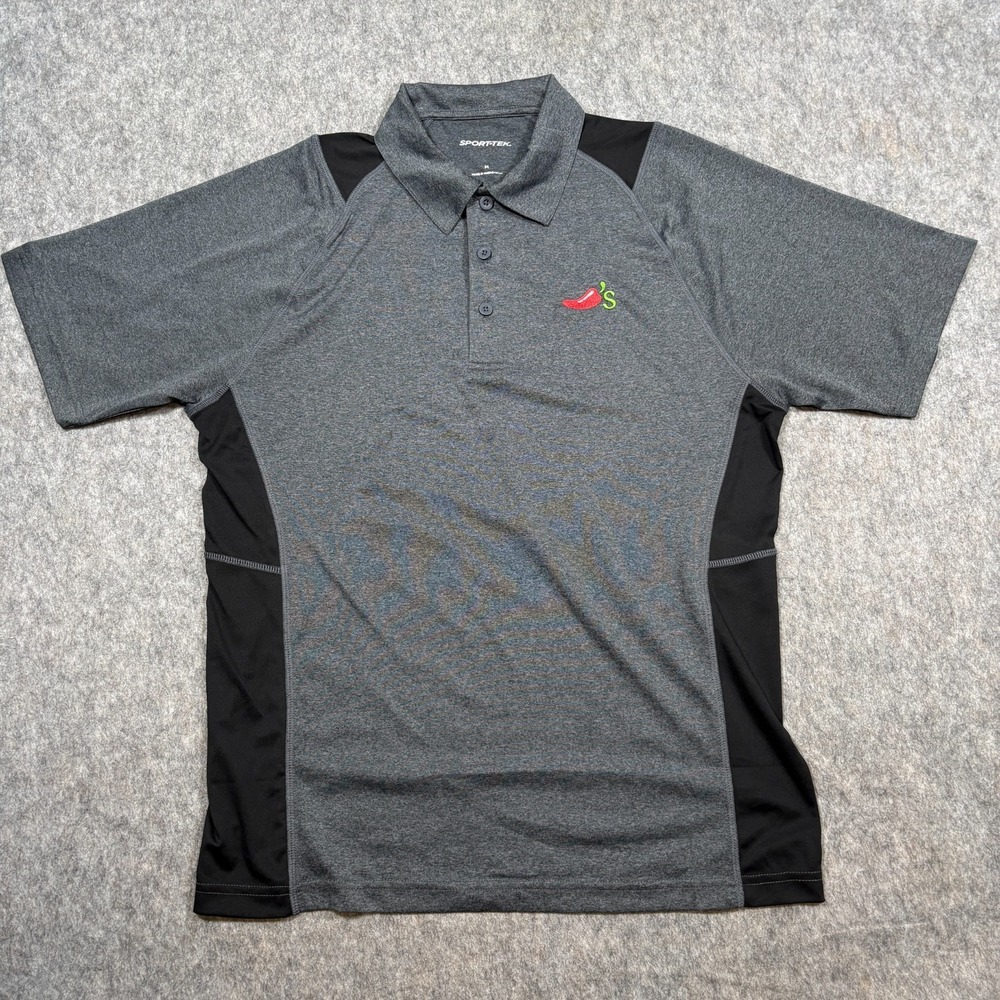 Sport-Tek Golf Shirt Men's Size Medium Gray Black Chilli's Short Sleeve Collared